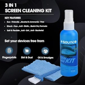 3 in 1 Cleaning Set for Screen PC, Laptops, Monitors, Mobiles, LCD, LED, TV/Professional Quality/Prevents Static Electricity, 100ml with Micro Fiber Cloth and Soft Brush