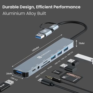 Mport 8 Plus Dual Plug 8-in-1 Docking Station/Hub with AUX, USB 3.0, microSD/SD Card Reader, Type-C Data, USB 2.0, Type-C and USB Plug for Laptop, Mac, PC (Grey)